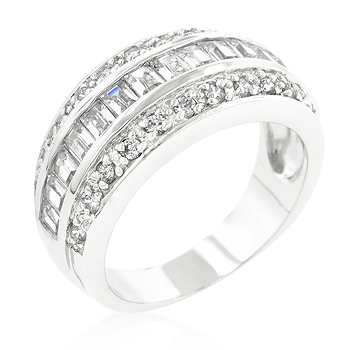 Genuine Rhodium Plated 3-Row Classic Ring with Channel Set Rows of Round Cut and Emerald Cut Cubic Zirconia in Silvertone - Size 7