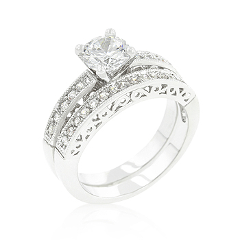 Genuine Rhodium Plated Engagement Ring Set with Round Cut Cubic Zirconia Set Along Filigree Shank with 1.6 Carat Center Stone in Silvertone - Size 9