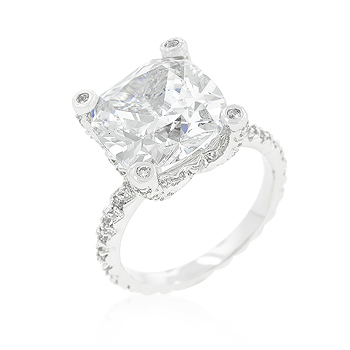 Picture of Genuine Rhodium Plated Engagement Ring with Huge 6.6 Carat Center Stone Accompanied with Round Cut Cubic Zirconia Accents in Silvertone - Size 6