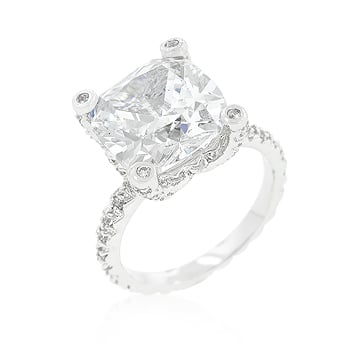 Picture of Genuine Rhodium Plated Engagement Ring with Huge 6.6 Carat Center Stone Accompanied with Round Cut Cubic Zirconia Accents in Silvertone - Size 9