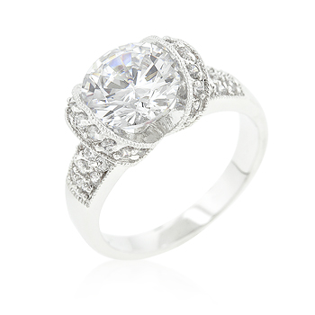 Genuine Rhodium Plated Tension Set Engagement Ring with Round Cut Center and Accent Stones in Silvertone - Size 10