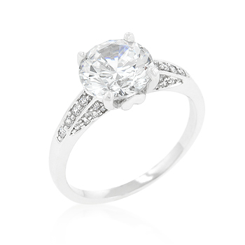 Genuine Rhodium Plated Engagement Ring with Round Cut Center Stone and Accented Cubic Zirconia Chips in Silvertone - Size 9