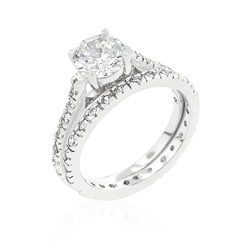 Genuine Rhodium Plated Engagement Ring Set with Round Cut Cubic Zirconia Set Along Shank and 2 Carat Center Stone in Silvertone - Size 5