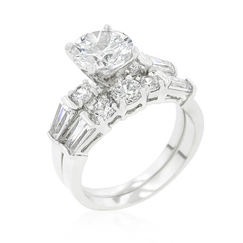 Genuine Rhodium Plated Engagement Ring Set with Round Cut Cubic Zirconia and Shouldered Baguettes Prong Set in Silvertone - Size 5