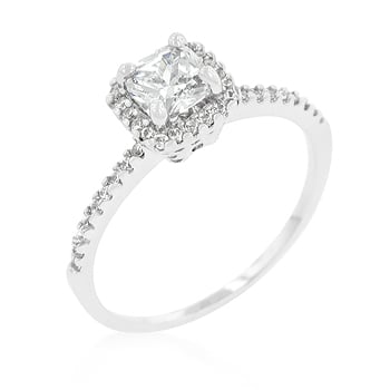 Picture of White Gold Rhodium Halo Engagement Ring with Princess Cut Cubic Zirconia Center Stone and Round Cut Cubic Zirconia Accented Halo in Silvertone - Size 6