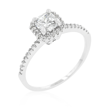 Picture of White Gold Rhodium Halo Engagement Ring with Princess Cut Cubic Zirconia Center Stone and Round Cut Cubic Zirconia Accented Halo in Silvertone - Size 9