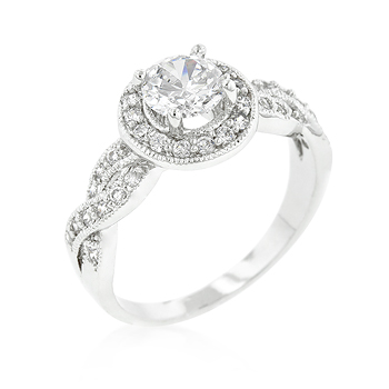 Genuine Rhodium Plated Engagement Ring with Round Cut Center Stone Hoisted by CZ Accented Halo in Silvertone - Size 6