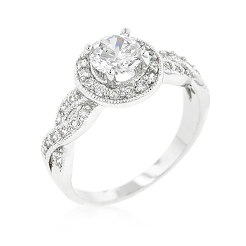 Picture of Genuine Rhodium Plated Engagement Ring with Round Cut Center Stone Hoisted by CZ Accented Halo in Silvertone - Size 7