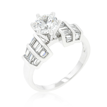 Picture of Genuine Rhodium Plated Engagement Ring with Tapered Baguettes Bar Set Around 1.7 Carat Center Stone in Silvertone - Size 5