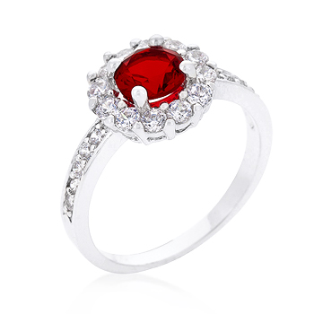 Genuine Rhodium Plated Ruby Red Halo Engagement Ring Featuring 2.1 Carats of Cubic Zirconia in Silvertone - Size 6