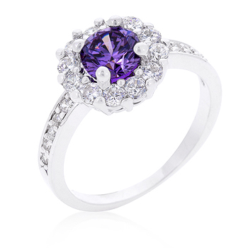 Picture of Genuine Rhodium Plated Purple Halo Engagement Ring Featuring 2.1 Carats of Cubic Zirconia in Silvertone - Size 7