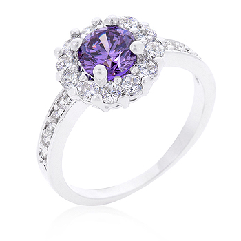 Picture of Genuine Rhodium Plated Lavender Halo Engagement Ring Featuring 2.1 Carats of Cubic Zirconia in Silvertone - Size 7