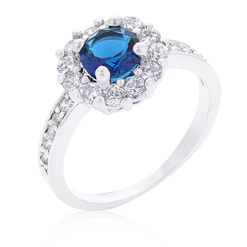 Picture of Genuine Rhodium Plated Sapphire Blue Halo Engagement Ring Featuring 2.1 Carats of Cubic Zirconia in Silvertone - Size 7
