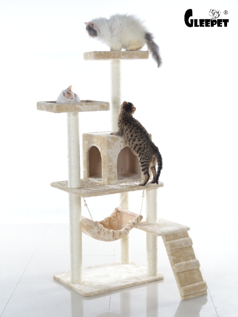 Picture of GleePet GP78570921 57-Inch Real Wood Cat Tree In Beige With Perches  RunnIng Ramp  Condo And Hammock 