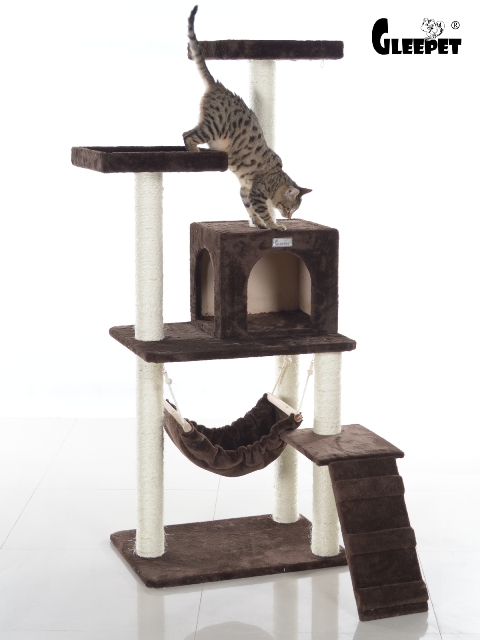 Picture of GleePet GP78570923 57-Inch Real Wood Cat Tree In Coffee Brown With Four Levels  Ramp  Hammock And Condo