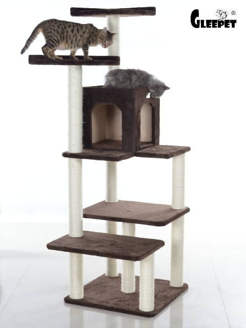 Picture of GleePet GP78680723 66-Inch Real Wood Cat Tree In Coffee Brown With Four Levels  Two Perches  Condo 