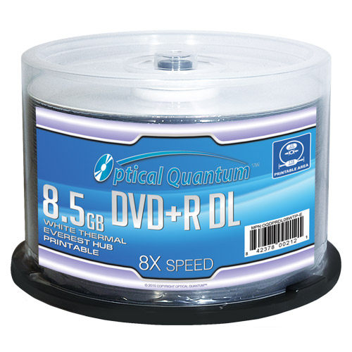 Picture of Optical Quantum OQDPRDL08WTP-E 50 Pack 8X 8.5GB DVD+R Double Layer Blank Media White Thermal Everest Hub Printable