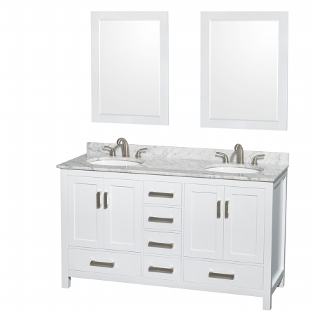 WCS141460DWHCMUNOM24 Sheffield 60 in. Double Bathroom Vanity in White- White Carrera Marble Countertop- Undermount Oval Sinks- and 24 in. Mirrors -  Wyndham Collection