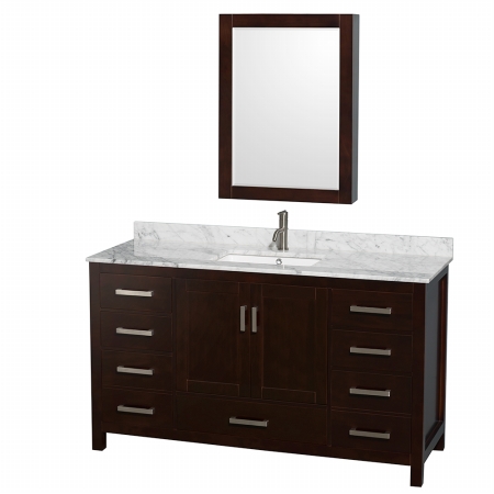 Sheffield 60 in. Single Bathroom Vanity in Espresso- White Carrera Marble Countertop- Undermount Square Sink- and Medicine Cabinet -  Convenience Concepts, HI3274117