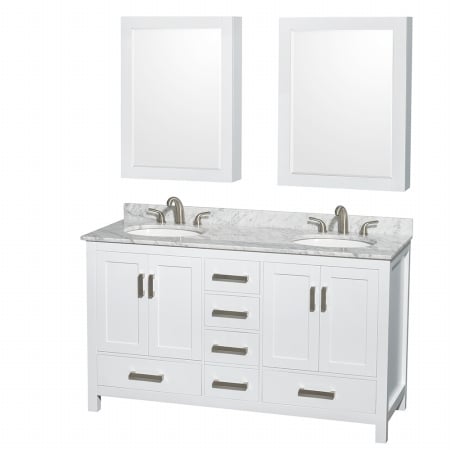 WCS141460DWHCMUNOMED Sheffield 60 in. Double Bathroom Vanity in White- White Carrera Marble Countertop- Undermount Oval Sinks- and Medicine Cabinets -  Wyndham Collection