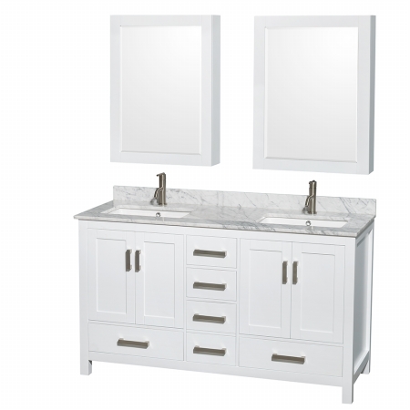 Sheffield 60 in. Double Bathroom Vanity in White- White Carrera Marble Countertop- Undermount Square Sinks- and Medicine Cabinets -  Wyndham Collection, WCS141460DWHCMUNSMED