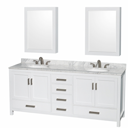 WCS141480DWHCMUNOMED Sheffield 80 in. Double Bathroom Vanity in White- White Carrera Marble Countertop- Undermount Oval Sinks- and Medicine Cabinets -  Wyndham Collection