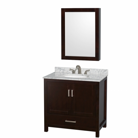 WCS141436SESCMUNOMED Sheffield 36 in. Single Bathroom Vanity in Espresso- White Carrera Marble Countertop- Undermount Oval Sink- and Medicine Cabinet -  Wyndham Collection