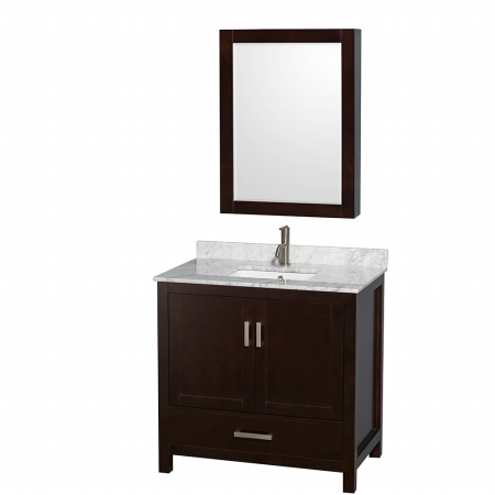 Sheffield 36 in. Single Bathroom Vanity in Espresso- White Carrera Marble Countertop- Undermount Square Sink- and Medicine Cabinet -  Wyndham Collection, WCS141436SESCMUNSMED