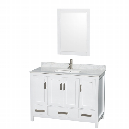 WCS141448SWHCMUNSM24 Sheffield 48 in. Single Bathroom Vanity in White, White Carrera Marble Countertop, Undermount Square Sink, and 24 in. Mirror -  Wyndham Collection