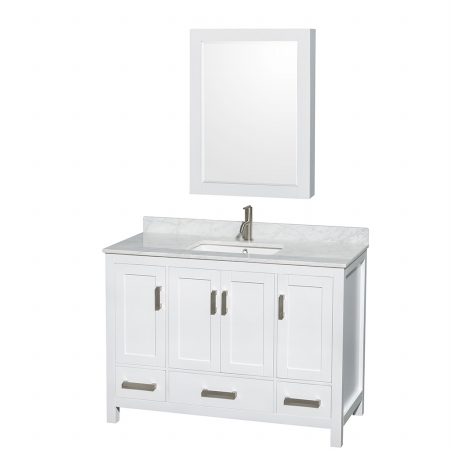 WCS141448SWHCMUNSMED Sheffield 48 in. Single Bathroom Vanity in White, White Carrera Marble Countertop, Undermount Square Sink, and Medicine Cabinet -  Wyndham Collection