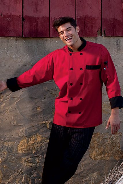 Picture of Uncommon Threads 0404-1907 Newport Chef Coat 10 Buttons in Red/Black Trim - 3XLarge