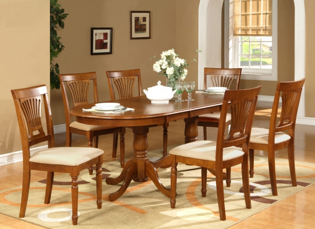 PLAI9-SBR-C 9-Piece Plainville Table with Double Pedestal & 8 Microfiber upholstered Seat Chairs in Saddle Brown Finish -  East West Furniture