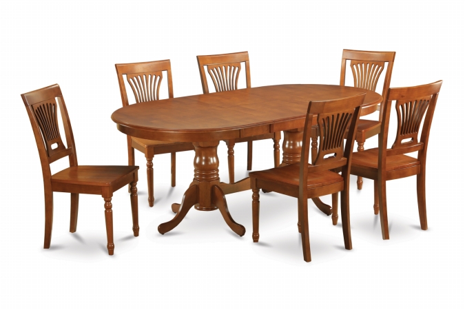 PLAI9-SBR-W 9-Piece Plainville Table with Double Pedestal & 8 Wood Seat Chairs in Saddle Brown Finish -  East West Furniture