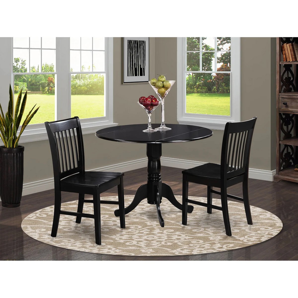 3PC Kitchen Round Table with 2 Drop Leaves and 2 slatted -back Chairs with wood Seat