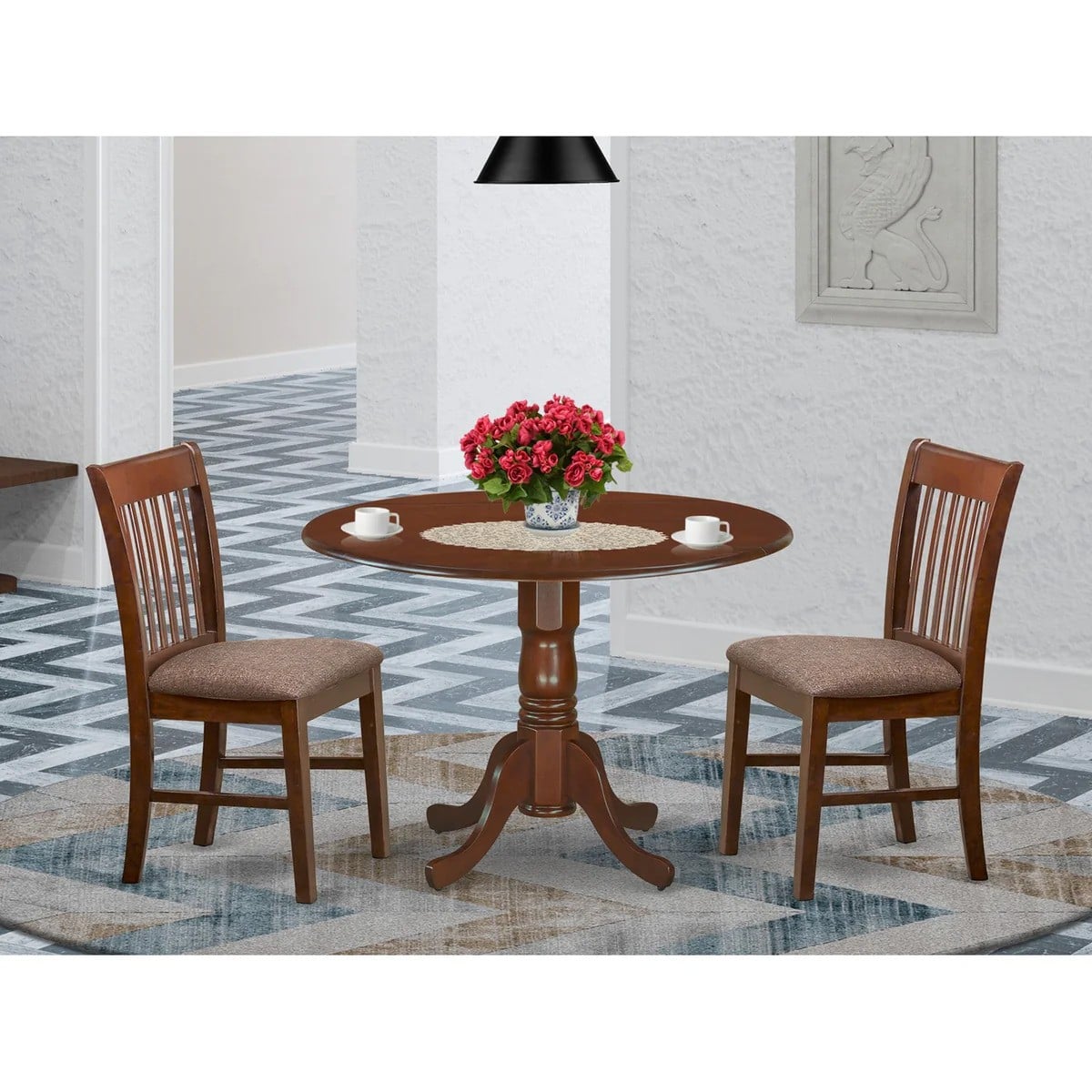 DLNO3-MAH-C 3PC Kitchen Round Table with 2 Drop Leaves and 2 Slatted-back Chairs with Microfiber Upholstered Seat