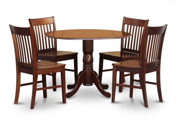 Picture of East West Furniture DLNO3-MAH-W 3PC Kitchen Round Table with 2 Drop Leaves and 2 Slatted-back Chairs with Wood Seat