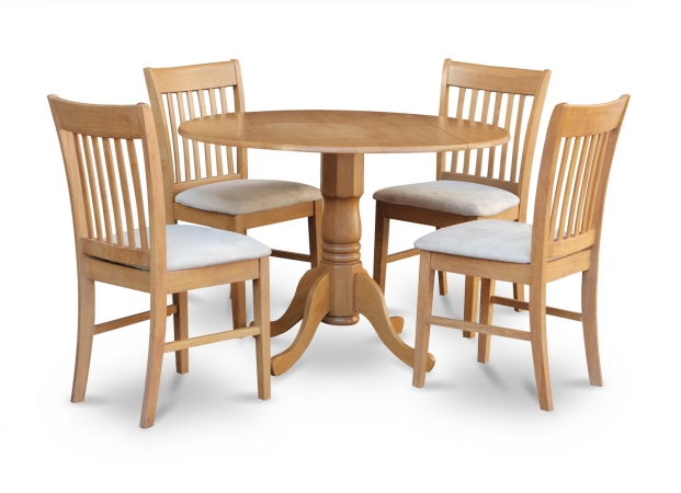 Picture of East West Furniture DLNO3-OAK-C 3PC Kitchen Round Table with 2 Drop Leaves and 2 Slatted-back Chairs with Microfiber Upholstered Seat