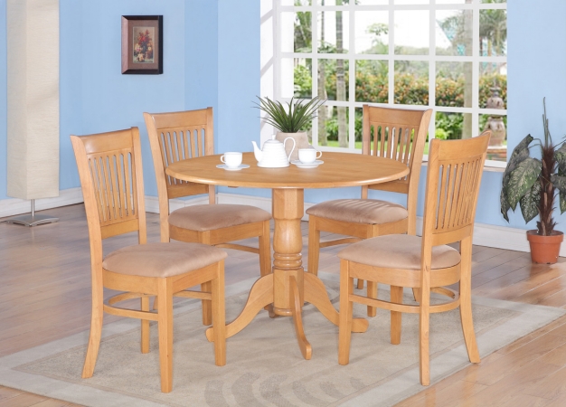 DLVA3-OAK-C Dublin 3PC Set - Round Table with two 9 in. Drop Leaves and 2 Vancouver slat back upholstered seat chairs