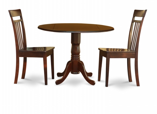 East West Furniture DLCA3-MAH-W 3PC Kitchen Round Table with 2 Drop Leaves and 2 Slatted-back Chairs with Wood Seat