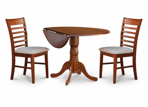East West Furniture DLML3-SBR-C 3PC Kitchen Round Table with 2 Drop Leaves and 2 Ladder-back Chairs with Microfiber Upho