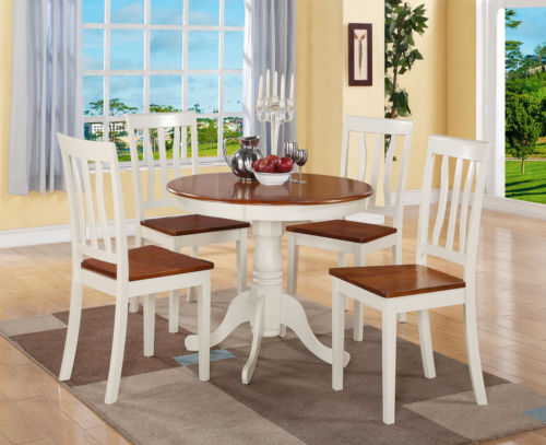 East West Furniture ANTI3-WHI-W 3 PC Antique Round Kitchen 36 in. Table and 2 Chairs with Faux Leather seat