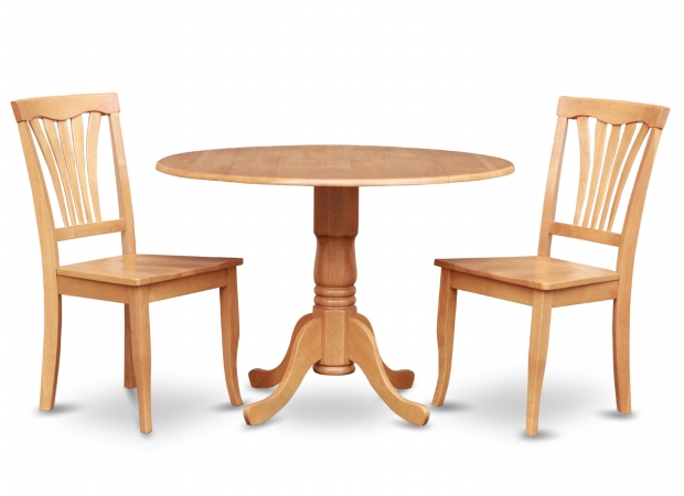 East West Furniture DLAV3-OAK-W 3PC Kitchen Round Table with 2 Drop Leaves and 2 Chairs with Wood Seat