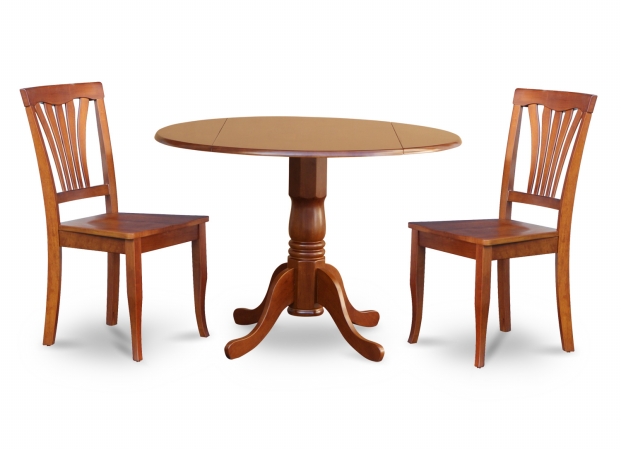 East West Furniture DLAV3-SBR-W 3PC Kitchen Round Table with 2 Drop Leaves and 2 Avon chairs with wood Seat