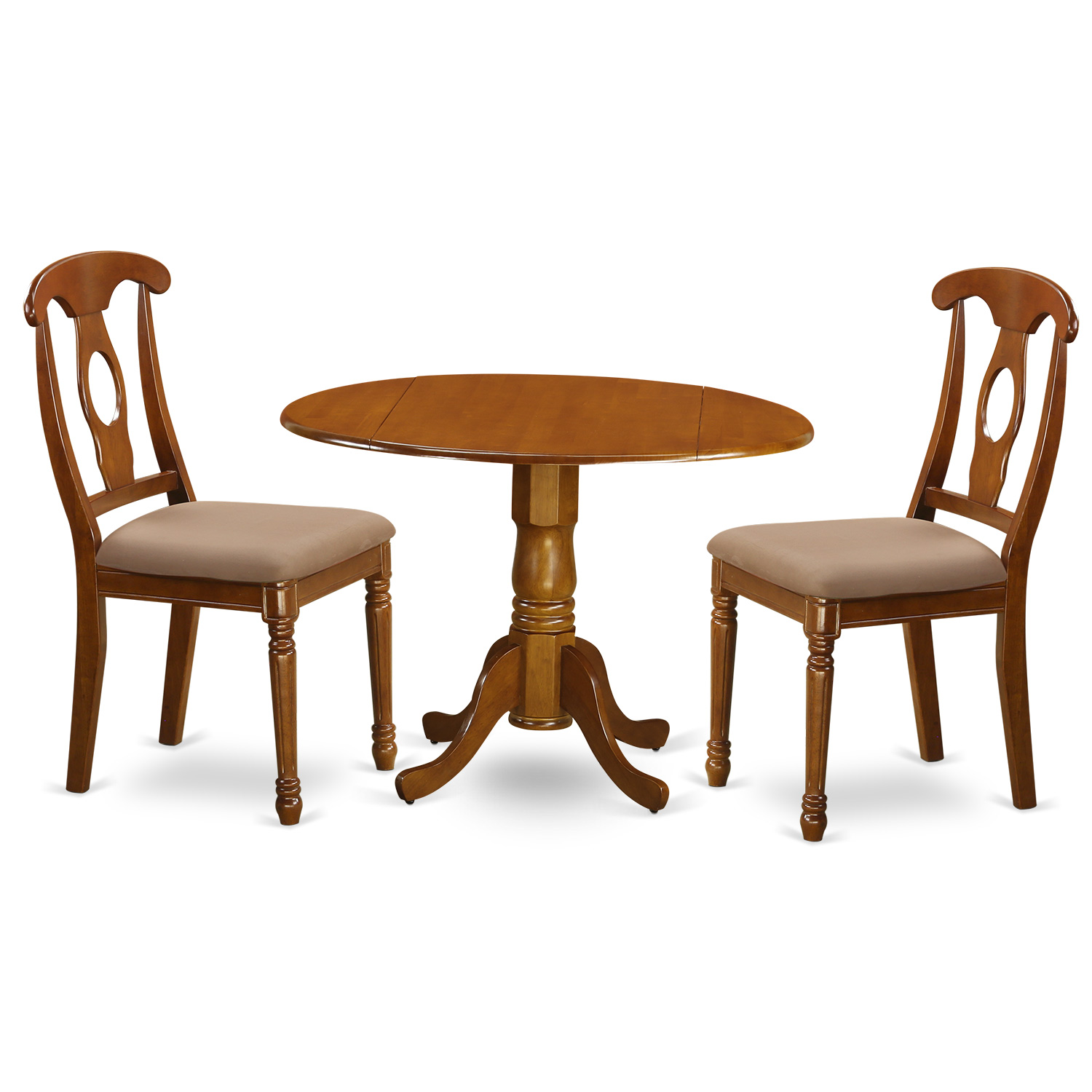 East West Furniture DLNA3-SBR-C 3PC Kitchen Round Table with 2 Drop Leaves and 2 Chairs with cushioned Seat