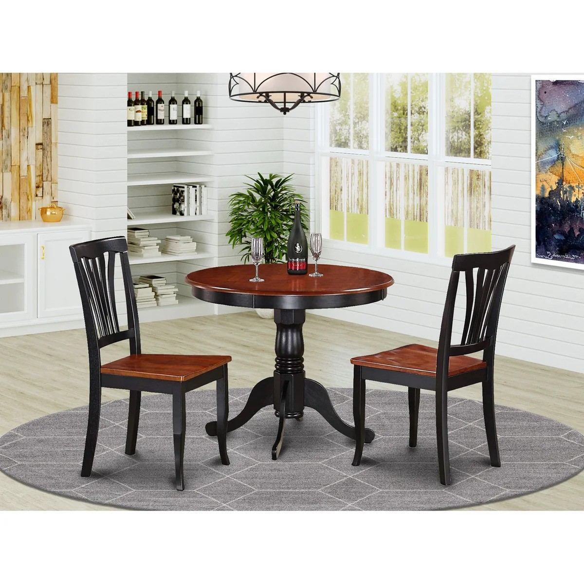 ANAV3-BLK-W 3 -Piece Round Kitchen 36 in. Table and 2 Chairs with Wood seat in Black & Cherry Finish