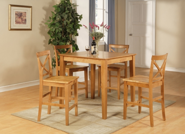 East West Furniture PUBS3-OAK-W 3PC Pub set with 39 in. Square Counter Table and 2 Wood seat stools
