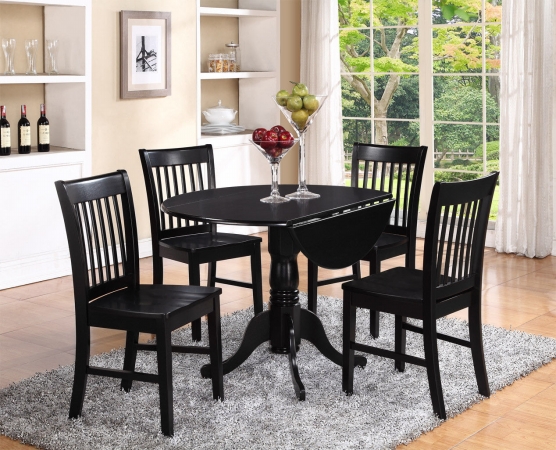DLNO5-BLK-W 5PC Kitchen Round Table with 2 Drop Leaves and 4 slatted -back Chairs with wood Seat