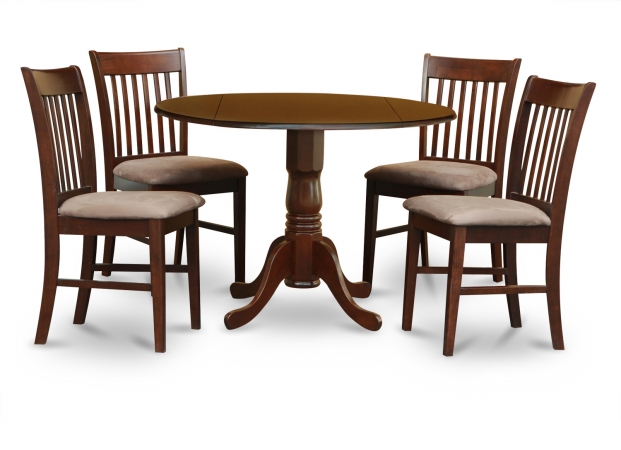 5PC Kitchen Round Table with 2 Drop Leaves and 4 Slatted-back Chairs with Microfiber Upholstered Seat