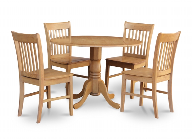 5PC Kitchen Round Table with 2 Drop Leaves and 4 Slatted-back Chairs with Wood Seat