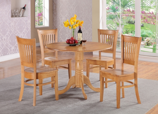 DLVA5-OAK-W Dublin 5PC Set - Round Table with two 9 in. Drop Leaves and 4 Vertical slat back wood seat chairs